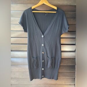 Take out Black Long Line Grandpa Button Cardigan V Neck Front Pockets MED